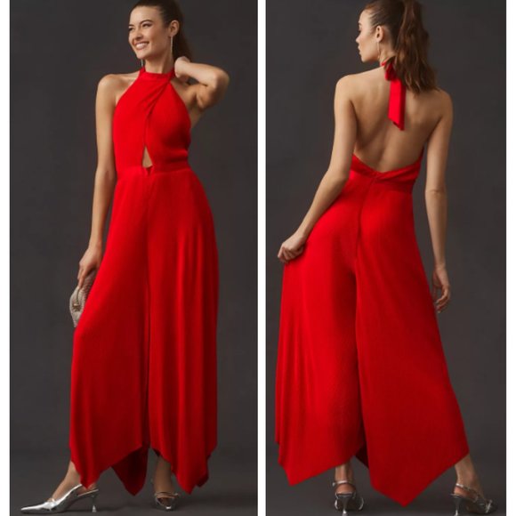 Anthropologie Plisse Halter Jumpsuit in Red 2 - Picture 1 of 13